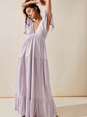 NWT - Free People La La Maxi Dress Lavender Flutter Sleeve Boho Maxi